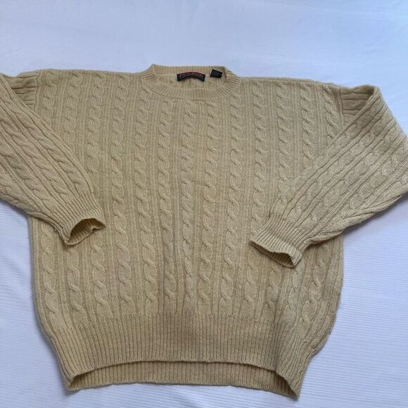 Jos A Bank Sportswear VTG Yellow Beige Shetland Wool Cableknit Sweater Sz Medium - Picture 1 of 7